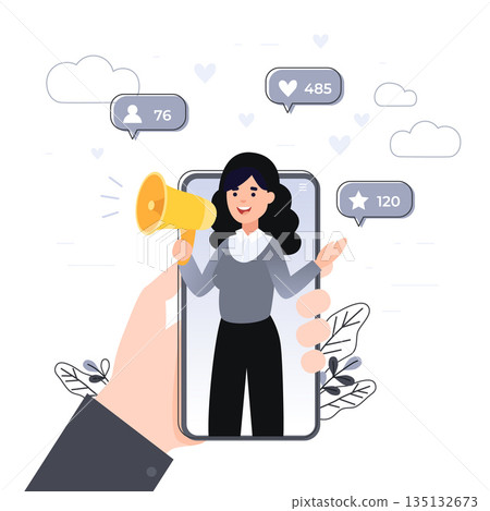 Vector illustration for internet advertisement. Hands holding smartphone with a girl shouting in loud speaker. Influencer marketing, social media or network promotion, SMM banner, landing page,flyer. Vector illustration for internet advertisement. Hands holding smartphone with a girl shouting in loud speaker. Influencer marketing, social media or network promotion, SMM banner, landing page,flyer. 135132673