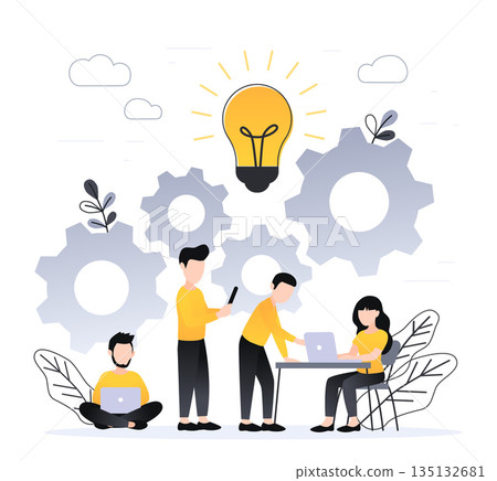 People working together. Coworking, freelance, teamwork, communication, interaction, idea, independent activity concept, grey and yellow palette. Vector illustration on white background 135132681