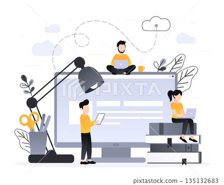 Landing page template of Online education program. Modern flat design concept of web page. Vector illustration with pile of books and small multiracial people. Landing page template of Online education program. Modern flat design concept of web page. Vector illustration with pile of books and small multiracial people. 135132683