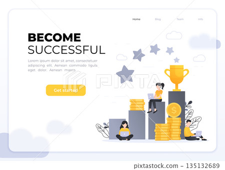 Business achievement flat vector illustration. Small people working on laptops around columns with pile of coins, golden cup and stars. Businessmen rich their goals landing page template Business achievement flat vector illustration. Small people working on laptops around columns with pile of coins, golden cup and stars. Businessmen rich their goals landing page template 135132689