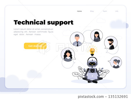 Vector illustration, customer service, chatbot hotline operator advises client, online global technical support 24-7, customer and robot operator. Artificial intelligence consulting people. Vector illustration, customer service, chatbot hotline operator advises client, online global technical support 24-7, customer and robot operator. Artificial intelligence consulting people. 135132691