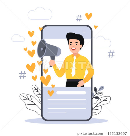 Flat vector style illustration with characters - influencer marketing concept - blogger promotion services, goods for followers online. Social media influencer shouting in megaphone from smartphone. Flat vector style illustration with characters - influencer marketing concept - blogger promotion services, goods for followers online. Social media influencer shouting in megaphone from smartphone. 135132697