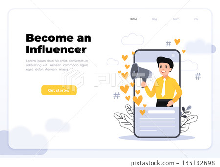 Flat vector style illustration with characters - influencer marketing concept - blogger promotion services, goods for followers online. Social media influencer shouting in megaphone from smartphone. Flat vector style illustration with characters - influencer marketing concept - blogger promotion services, goods for followers online. Social media influencer shouting in megaphone from smartphone. 135132698