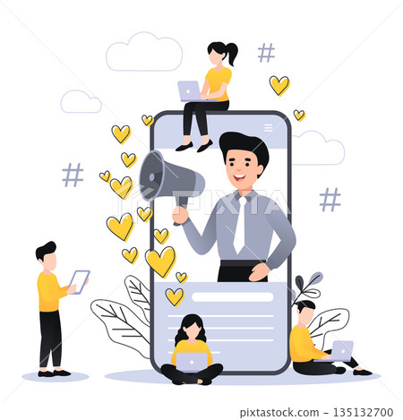 Flat vector style illustration with characters - influencer marketing concept - blogger promotion services, goods for followers online. Social media influencer shouting in megaphone from smartphone. Flat vector style illustration with characters - influencer marketing concept - blogger promotion services, goods for followers online. Social media influencer shouting in megaphone from smartphone. 135132700