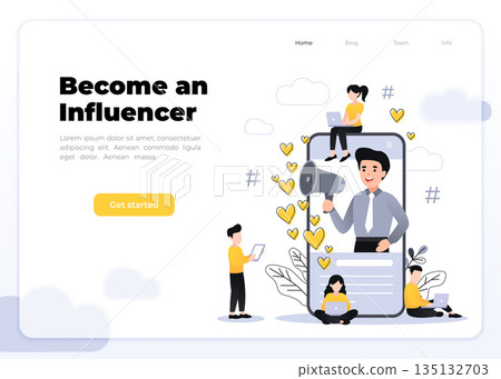 Flat vector style illustration with characters - influencer marketing concept - blogger promotion services, goods for followers online. Social media influencer shouting in megaphone from smartphone. Flat vector style illustration with characters - influencer marketing concept - blogger promotion services, goods for followers online. Social media influencer shouting in megaphone from smartphone. 135132703