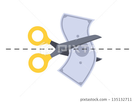 scissors cutting dollar. Vector flat illustration of rate cut. Financial concept of cost reduction. Landing page template. 135132711