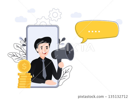 Refer a friend vector illustration concept, businessman shout on megaphone with refer a friend words, can be used for landing pages, template, ui, web, mobile app, poster banner or flyer. Refer a friend vector illustration concept, businessman shout on megaphone with refer a friend words, can be used for landing pages, template, ui, web, mobile app, poster banner or flyer. 135132712