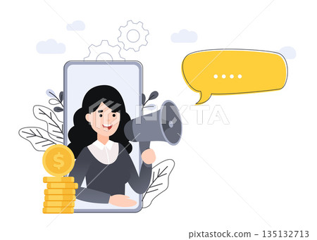 Refer a friend vector illustration concept, woman shout on megaphone with refer a friend word, can use for landing page, template, ui, web, mobile app, poster banner or flyer. Refer a friend vector illustration concept, woman shout on megaphone with refer a friend word, can use for landing page, template, ui, web, mobile app, poster banner or flyer. 135132713
