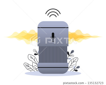 Voice controlled smart speaker or voice assistant. Voice activated digital assistants, home automation hub, internet of things concept, violet palette. Vector concept illustration. 135132723
