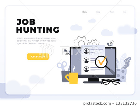 Human Resources, Recruitment Concept for web page, banner, presentation, social media, documents, cards, posters. Vector ultra violet illustration with monitor and a cup of coffee on desk. 135132736