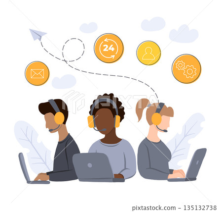 Customer service, hotline operators consult customers with headsets on computers, 247 global online technical support, Call center, call processing system, Vector illustration Customer service, hotline operators consult customers with headsets on computers, 247 global online technical support, Call center, call processing system, Vector illustration 135132738