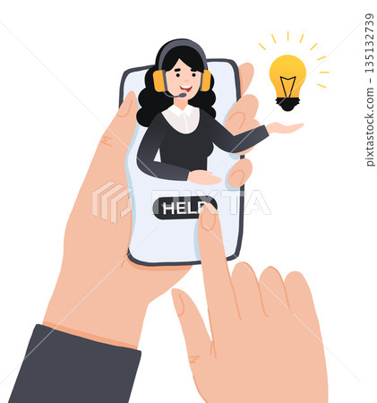 Concept customer and operator, online technical support 24-7 for web page. Vector illustration female hotline operator advises client. Online assistant, virtual help service. 135132739