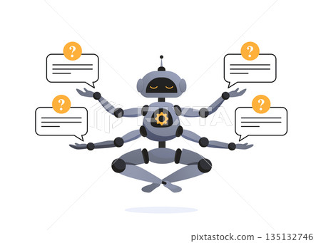Illustrations Concept customer and operator, online technical support 24-7 for web page. artificial intelligence AI. Technology working with smart brain computer and machine connecting device. 135132746