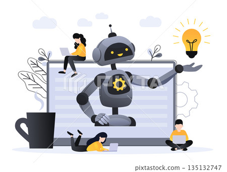 Illustrations Concept customer and operator, online technical support 24-7 for web page. artificial intelligence AI. Technology working with smart brain computer and machine connecting device. 135132747
