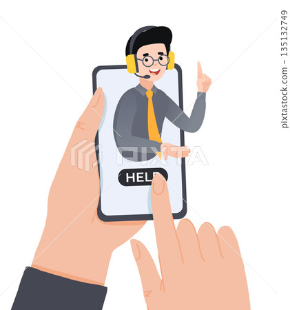 Concept customer and operator, online technical support 24-7 for web page. Vector illustration male hotline operator advises client. Personal assistant, Online assistant, virtual help service. Concept customer and operator, online technical support 24-7 for web page. Vector illustration male hotline operator advises client. Personal assistant, Online assistant, virtual help service. 135132749