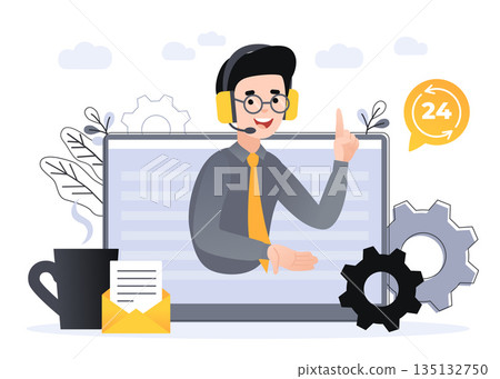 Concept customer and operator, online technical support 24-7 for web page. Vector illustration male hotline operator advises client. Personal assistant, Online assistant, virtual help service. Concept customer and operator, online technical support 24-7 for web page. Vector illustration male hotline operator advises client. Personal assistant, Online assistant, virtual help service. 135132750