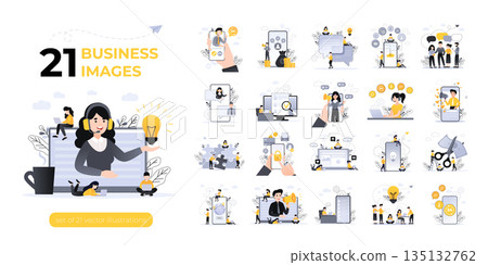 Business Concept illustrations. Mega set. Collection of scenes with men and women taking part in business activities. Vector illustration Business Concept illustrations. Mega set. Collection of scenes with men and women taking part in business activities. Vector illustration 135132762