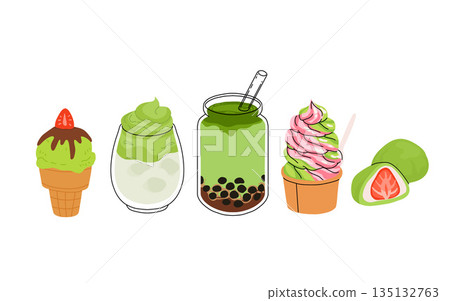 Matcha tea, latte, iced matcha. Vector set with japanese matcha desserts. Collection with mochi, cake and roll cake, pancakes, macaron, soft serve ice cream, matcha tart and cupcake with strawberry. 135132763