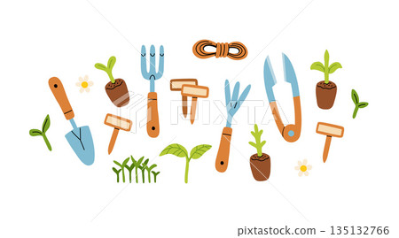 Set of gardening items in hand drawn cartoon style. Various agricultural and garden tools for spring work. Garden equipment, seedlings and flowers, rope and knife. Vector clip art illustration. Set of gardening items in hand drawn cartoon style. Various agricultural and garden tools for spring work. Garden equipment, seedlings and flowers, rope and knife. Vector clip art illustration. 135132766