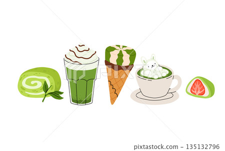 Matcha tea, latte, iced matcha. Vector set with japanese matcha desserts. Collection with mochi, cake and roll cake, pancakes, macaron, soft serve ice cream, matcha tart and cupcake with strawberry. 135132796