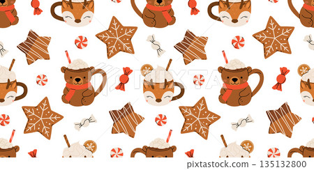 Seamless Christmas pattern with cacao drink, ginger cookie, present and lollipop. Vector illustration for textile, postcard, wrapping paper, poster, background, book, t-shirt. 135132800