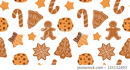 Christmas Gingerbread Cookies seamless pattern. Winter sweet homemade biscuits in different shapes. Christmas Gingerbread Cookies seamless pattern. Winter sweet homemade biscuits in different shapes. 135132803