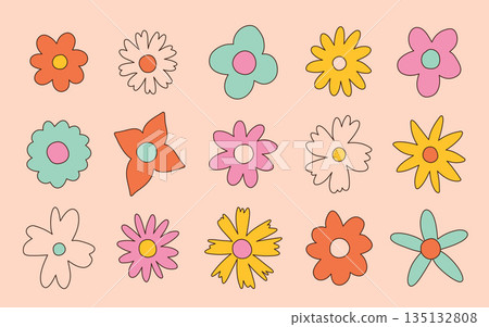 Floral set in the style of the 70s with groovy daisy flowers. Retro floral naive vector design. Style of the 60s, 70s, 80s Floral set in the style of the 70s with groovy daisy flowers. Retro floral naive vector design. Style of the 60s, 70s, 80s 135132808