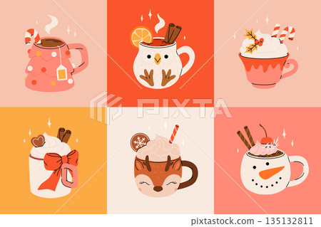 Christmas hot drink collection. Flat cartoon beverages. Holiday cute mugs with hot cocoa, coffee, and mulled wine. New year drinks decorated with sweets and candy. Isolated vector illustration 135132811