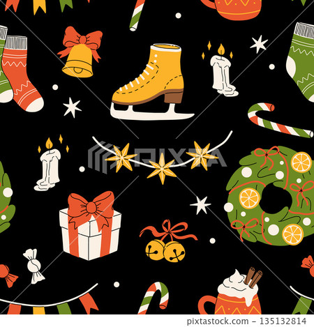 Hygge Winter elements seamless pattern. Cute and cozy cartoon vector collection. Illustration of christmas present, festive garland, warm knitted sweater, envelope, star and skates. Hygge Winter elements seamless pattern. Cute and cozy cartoon vector collection. Illustration of christmas present, festive garland, warm knitted sweater, envelope, star and skates. 135132814