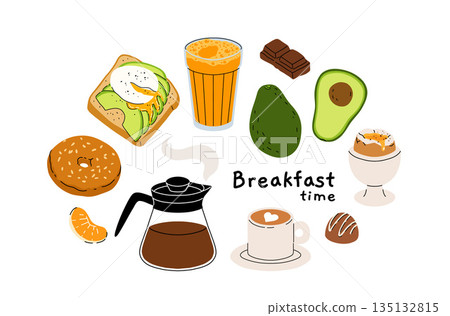 Hand drawn breakfast vector set. Various tasty food and drinks, coffee, orange juice, avocado, soft boiled egg, chocolate candy, bagel and avocado toast Hand drawn breakfast vector set. Various tasty food and drinks, coffee, orange juice, avocado, soft boiled egg, chocolate candy, bagel and avocado toast 135132815