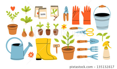 Set of gardening items in hand drawn cartoon style. Various agricultural and garden tools for spring work. Growing potted plants, seedling. Vector clip art illustration isolated on white background 135132817
