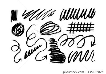 Charcoal graffiti doodle punk and grunge shapes collection. Hand drawn abstract scribbles and squiggles, creative various shapes, pencil drawn icons. Scribbles, scrawls, stars, heart, curly lines. 135132824