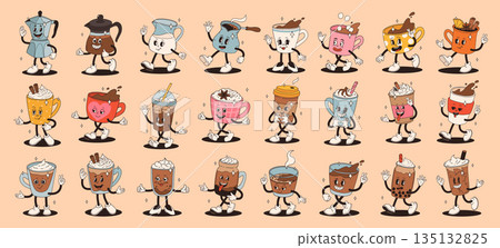 Retro groovy set with coffee mascot, cartoon characters, funny colorful doodle style characters, cappuccino, cocoa, latte, espresso and americano. Vector illustration on beige isolated background. Retro groovy set with coffee mascot, cartoon characters, funny colorful doodle style characters, cappuccino, cocoa, latte, espresso and americano. Vector illustration on beige isolated background. 135132825