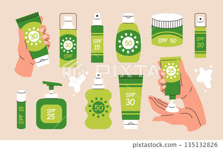 Sun safety collection. Heands with cream, tubes and bottles of sunscreen products with SPF: lotion, lipstick, spray. Hand drawn summer cosmetic. Sunblock, skin protection, skin care products. Vector 135132826