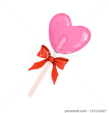 Heart shaped lollipop on stick tied with bow. Valentine's Day illustration. Cute girly clipart. Coquette core 135132827
