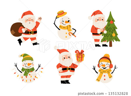 Set of Christmas illustrations on white background. Santa Claus with Christmas tree, snowman and gifts. Suitable for design of cards, banners, stickers, etc 135132828