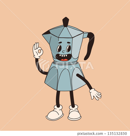 Retro cartoon coffee cup character. Mug mascot in different poses. 60s 70s 80s groovy contour vector illustration. Espresso black coffee cup. 135132830