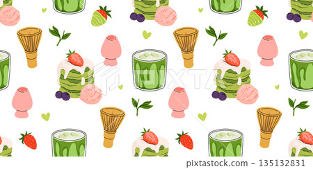 Japanese Matcha Food. Seamless pattern with Matcha Cheesecake and Matcha Tea. Vegan japanese green tea pastries and drink. Repeated Vector background, wrapping paper. Baked tart with green tea flavor. Japanese Matcha Food. Seamless pattern with Matcha Cheesecake and Matcha Tea. Vegan japanese green tea pastries and drink. Repeated Vector background, wrapping paper. Baked tart with green tea flavor. 135132831