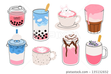 Collection of drinks for Valentine's Day. Mug with coffee, cocoa, hot chocolate, cream, bubble tea, strawberry milk with hearts, cherry cocktail, latte, love potion. Hot and cold beverages 135132832