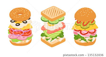 Sandwiches with Various Ingredients. Vector cartoon illustration of sandwich, bagel, burger with meat, fish, avocado, egg, cheese and vegetables. Sandwiches with Various Ingredients. Vector cartoon illustration of sandwich, bagel, burger with meat, fish, avocado, egg, cheese and vegetables. 135132836