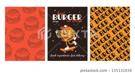 Set of fast food posters. Retro groovy cards with street food characters. Brochure with funky groovy burger, french fries, soda, ice cream, donut, pie, coffee to go, sandwich. Fast food delivery 135132838