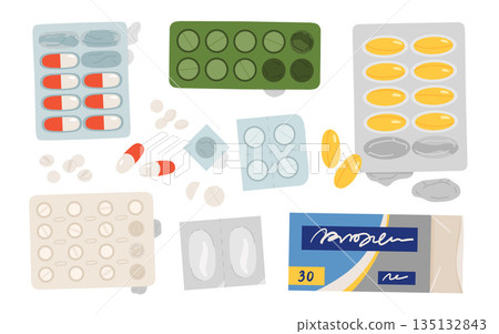 Pharmacy concept set. Collection of pills, supplements, capsules and other drugs and medications in blisters. Cartoon flat vector illustration 135132843
