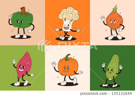 Funny vegetables retro cartoon characters sticker set. Modern label with cute comics characters. Hand drawn doodles of comic mascot. Set in modern cartoon style. 70s retro vibes. 135132844