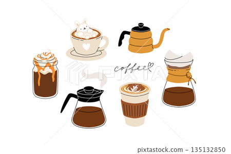 Set of coffee accessories and brewing methods. Coffee makers. French press, filter, turkish coffee, chemex, moka pot. Cafe equipment for morning energy hot drinks, Flat cartoon vector set. 135132850