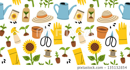 Various garden items. Gardening Tools. Gloves with seedling, flower pot, tulip, shears, scissors, shovel, rubber boots, watering can, seeds. Hand drawn Vector seamless Pattern. Horticulture concept 135132854