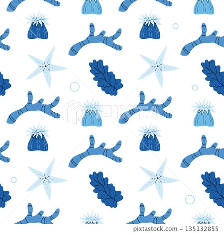 Beautiful coral reefs. Natural seamless pattern with undersea flora and fauna, sea or ocean life. Undersea backdrop with coral, algae, starfish, shells. Flat vector illustration Beautiful coral reefs. Natural seamless pattern with undersea flora and fauna, sea or ocean life. Undersea backdrop with coral, algae, starfish, shells. Flat vector illustration 135132855