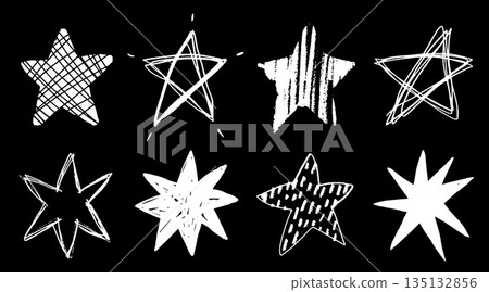 Set of white doodle style stars drawn by hand. Grunge scrawls, chalk scribbles, rough brush strokes, underlines. Bold charcoal freehand stars. Crayon or marker scribbles 135132856