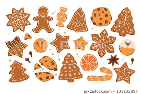 Christmas Gingerbread Cookies. Winter sweet homemade biscuits in different shapes isolated on white background. 135132857