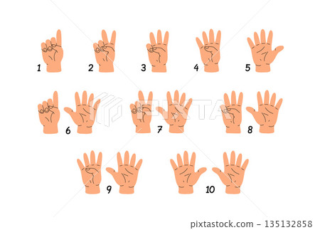 Counting with fingers. Hand gesturing, arm showing one, two, three, four and five numbers, digits. Countdown, score, elementary math learning. Flat vector illustration isolated on white background Counting with fingers. Hand gesturing, arm showing one, two, three, four and five numbers, digits. Countdown, score, elementary math learning. Flat vector illustration isolated on white background 135132858