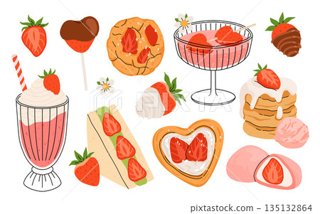 Strawberry set. Summer drinks, sweets and desserts with taste of strawberries. Chocolate strawberry, cookie, sandwich, mochi, cheesecake, tanghulu. Flat Vector illustration with flowers and leaves. Strawberry set. Summer drinks, sweets and desserts with taste of strawberries. Chocolate strawberry, cookie, sandwich, mochi, cheesecake, tanghulu. Flat Vector illustration with flowers and leaves. 135132864
